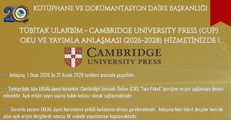 Cambridge University Press Açık Erişim Makale Yayımlama (Oku Ve Yayımla) Anlaşması Aktif Oldu.