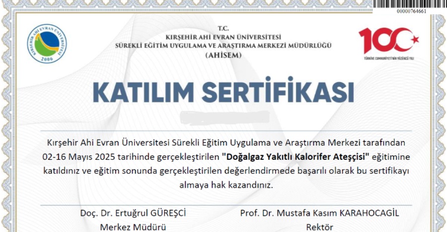 Universitemiz Birimlerinde Doğalgaz Yakıtlı Kazanların Verimli İşletilmesine Yönelik Eğitim Ve Sertifikalandırma İşlemi Gerçekleştirildi